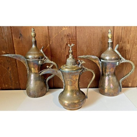 Brass Islamic Dallah Arabic Coffee Pots Middle Eastern India Set Of 3 - Picture 2 of 16